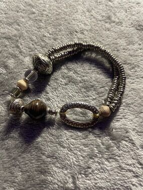 Silver-Tone Beaded Stretch Bracelet with Brown Accent Beads